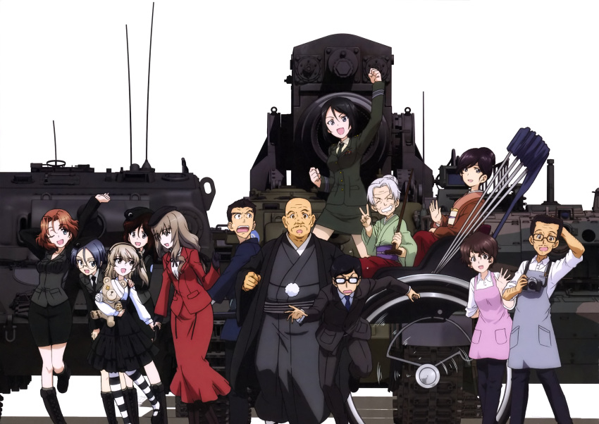 4boys, 6+girls, absurdres, akiyama_jungorou, akiyama_yoshiko, apron, arm_behind_back, arm_behind_head