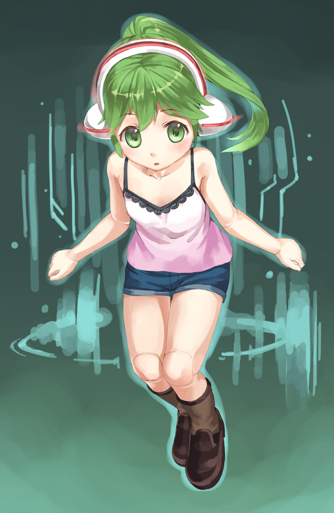 1girl, :o, android, bangs, bare_arms, bare_shoulders, blue_shorts, blush
