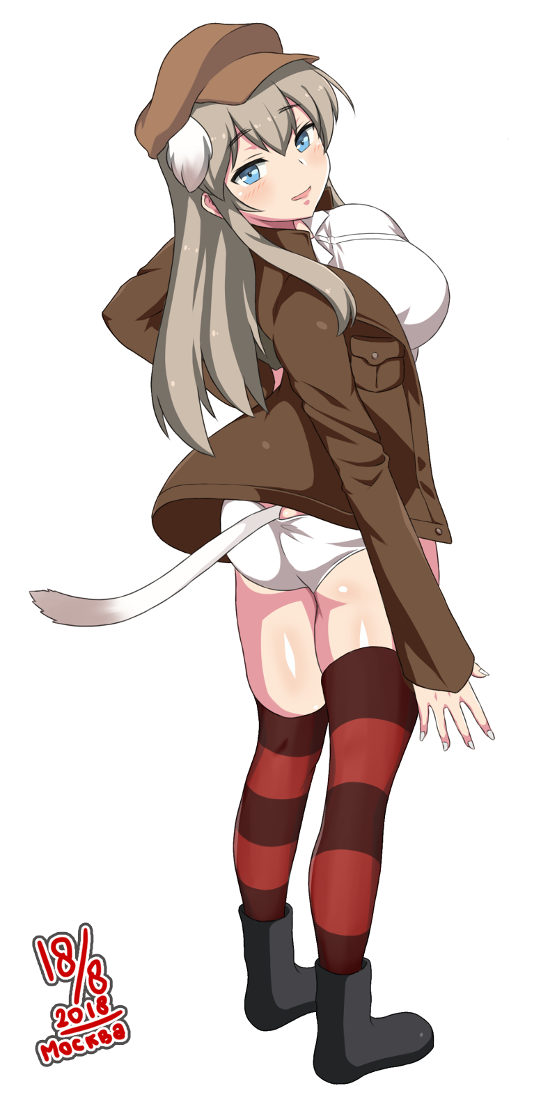 1girl, animal_ears, blue_eyes, blush, breasts, brown_hair, eyebrows_visible_through_hair, hand_on_hip