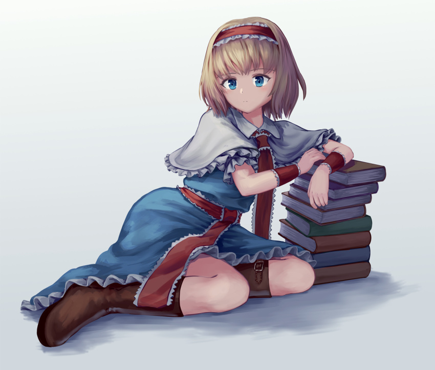 1girl, alice_margatroid, blonde_hair, blue_eyes, book, book_stack, boots, brown_footwear, dress, hairband, highres, leaning_on_object, looking_at_viewer, ookashippo, skirt, touhou