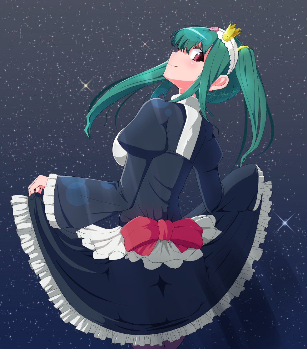 1girl, crown, frills, green_hair, hair_between_eyes, kuroi_ginko, long_hair, long_sleeves