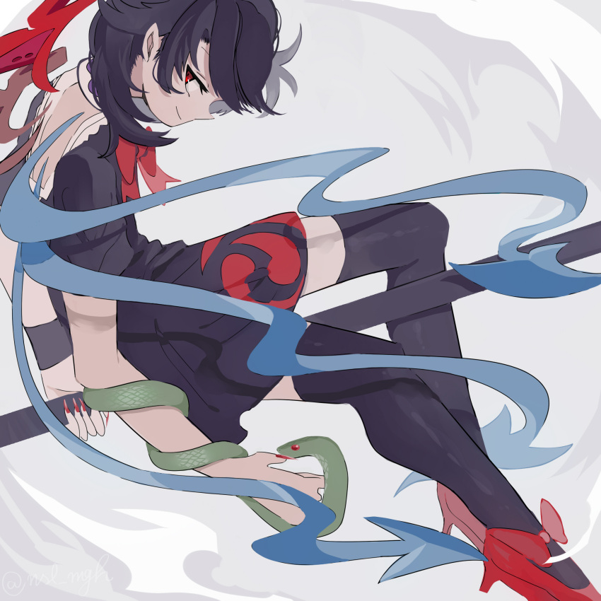 1girl, asuku_(69-1-31), asymmetrical_wings, backless_dress, backless_outfit, black_dress, black_legwear, blue_wings