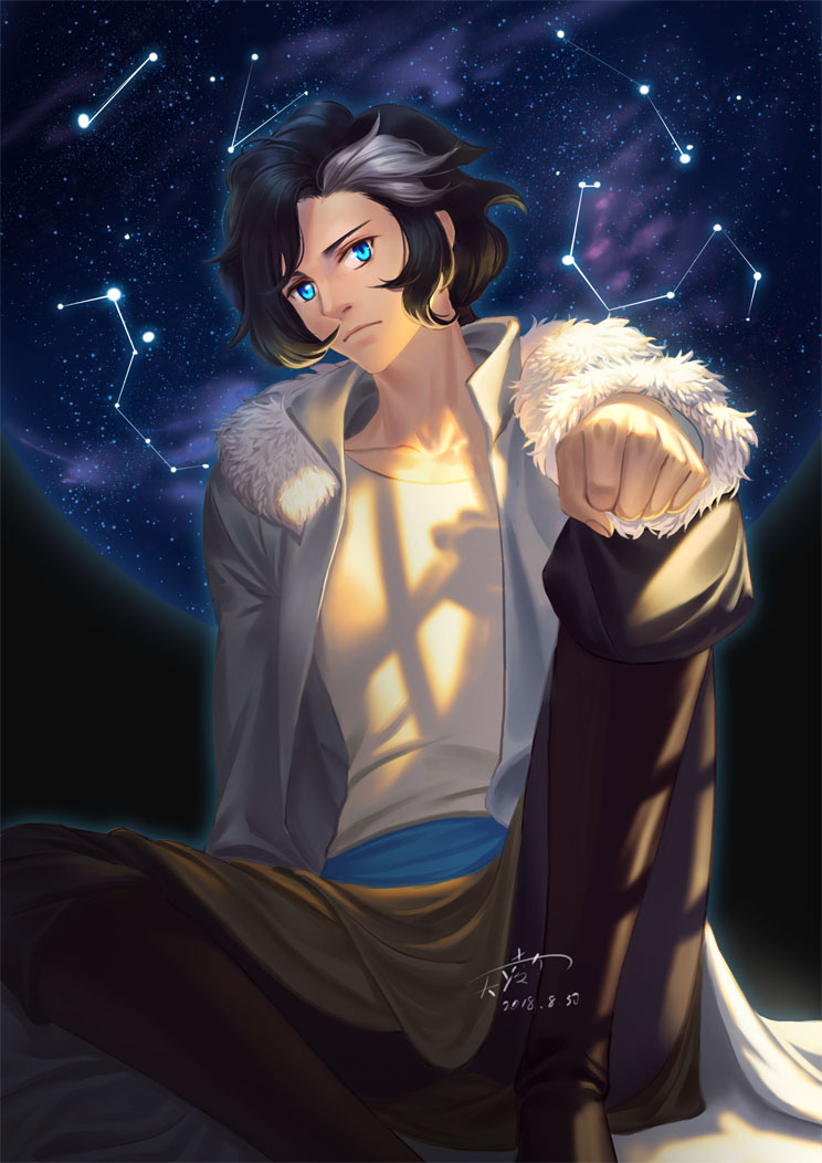 1boy, black_hair, blue_eyes, boots, brown_footwear, clenched_hand, constellation, dark_background, frown, fur_trim, jacket, looking_at_viewer, male_focus, multicolored_hair, shadow, shirt, sitting, solo, star_(sky), tenrou:_sirius_the_jaeger, tianlingdoudou, two-tone_hair, white_hair, white_shirt, yuily_(sirius)
