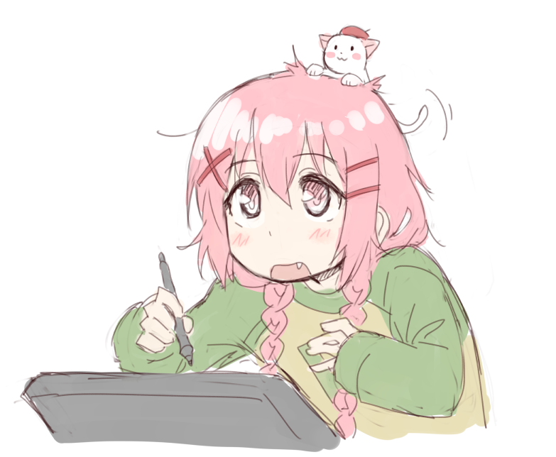 1girl, :3, animal, animal_on_head, blush, braid, cat, cat_on_head, comic_girls, copyright_request, drawing_tablet, fang, hair_ornament, hairclip, long_sleeves, moeta_kaoruko, nyaos, on_head, pink_eyes, pink_hair, raglan_sleeves, simple_background, sleeves_past_wrists, smile, solo, stylus, twin_braids, umiroku, upper_body, white_background, x_hair_ornament