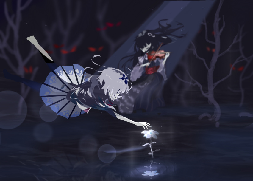 2girls, bare_arms, bare_tree, benghuai_xueyuan, black_hair, chole, darkness, dress