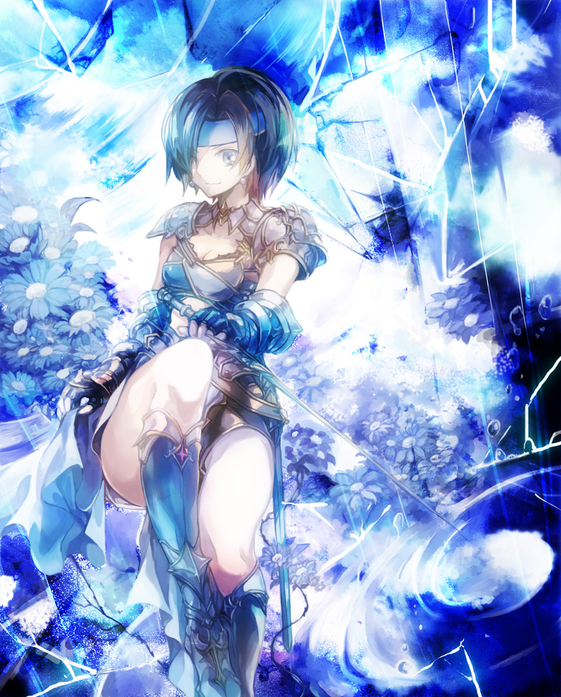 1girl, armor, bahamut_lagoon, black_hair, blue, blue_headband, blue_legwear, boots