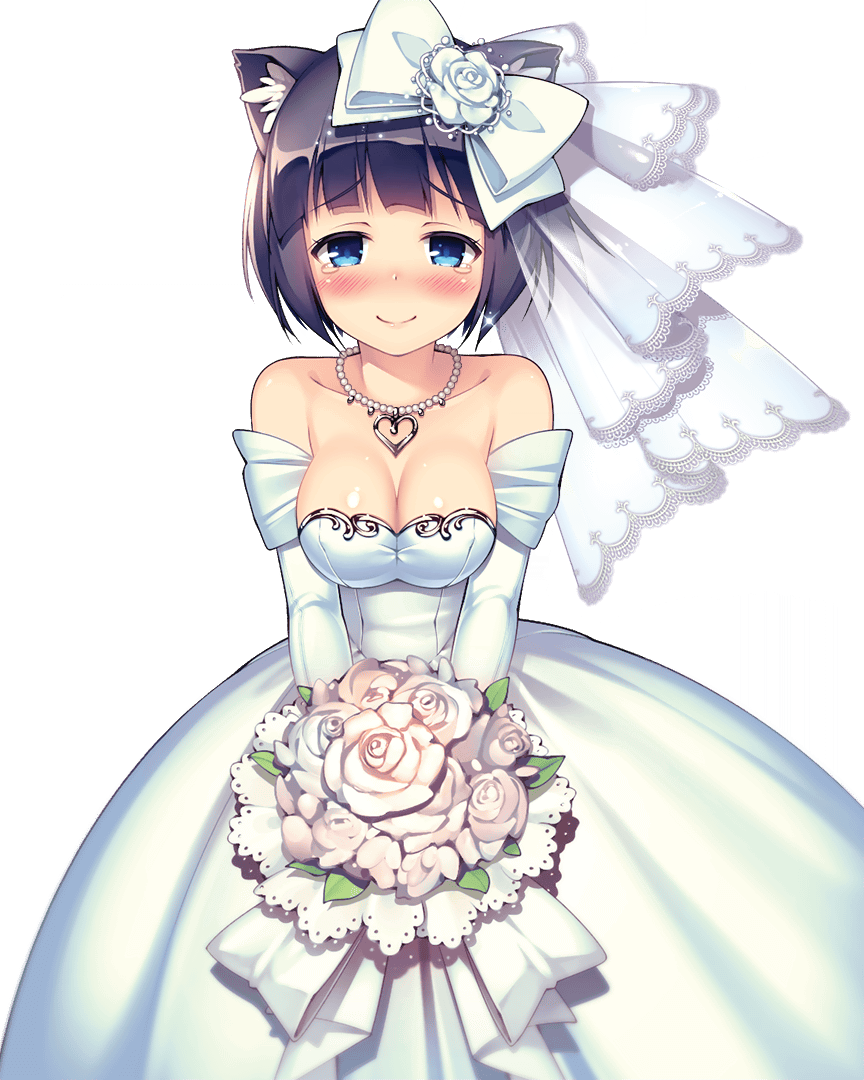 animal_ears, black_hair, blue_eyes, bouquet, breasts, bridal_veil, cat_ears, cat_tail, cleavage, daibouken!_yukeyuke_osawari_island, dress, elbow_gloves, flower, gloves, hair_ornament, hair_ribbon, holding, ichigo_(daibouken!_yukeyuke_osawari_island), jewelry, looking_at_viewer, necklace, nontan, official_art, ribbon, short_hair, smile, tail, veil, wedding_dress