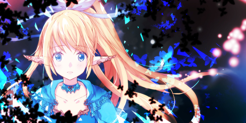1girl, bahamut_lagoon, blonde_hair, blue_choker, blue_dress, blue_eyes, bow, choker