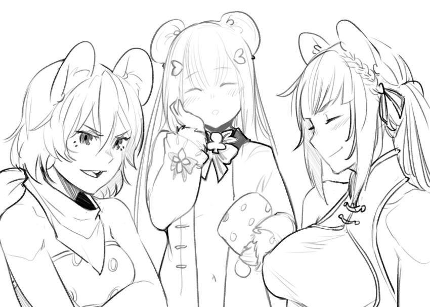 3girls, ^_^, animal_ears, bandanna, braid, closed_eyes, closed_eyes, dormouse_(monster_girl_encyclopedia)