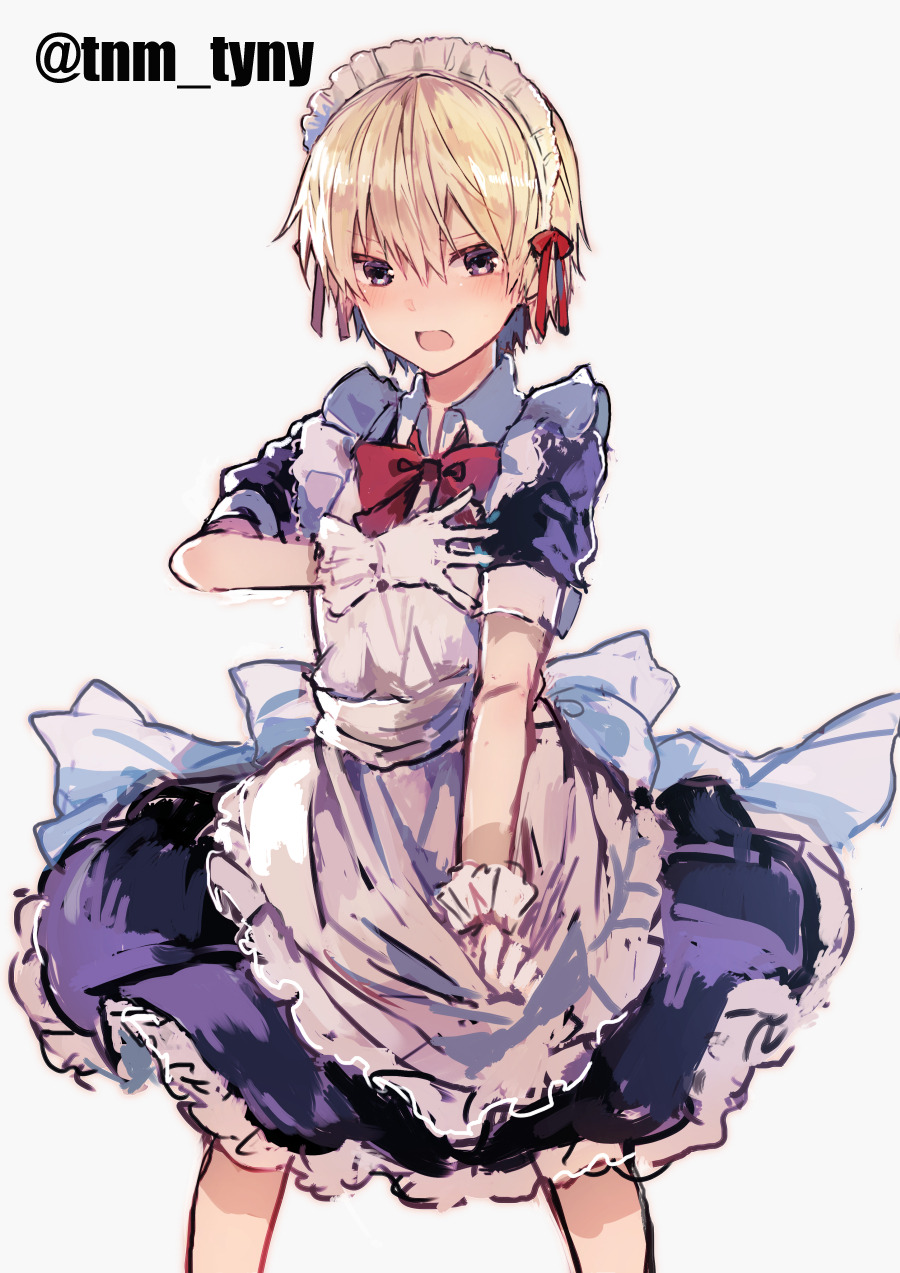1boy, apron, black_eyes, blonde_hair, blush, bow, bowtie, commentary_request, crossdressinging, dress, embarrassed, gloves, grey_background, grisalle_(ikeuchi_tanuma), hair_ribbon, hand_on_own_chest, highres, ikeuchi_tanuma, legs_apart, looking_at_viewer, maid_apron, maid_headdress, male_focus, open_mouth, original, purple_dress, red_neckwear, ribbon, simple_background, solo, twitter_username, white_apron, white_gloves