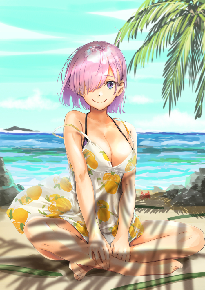 1girl, aiueonesan_(umanaminoatama), beach, bikini, bikini_under_clothes, breasts, cleavage, collarbone