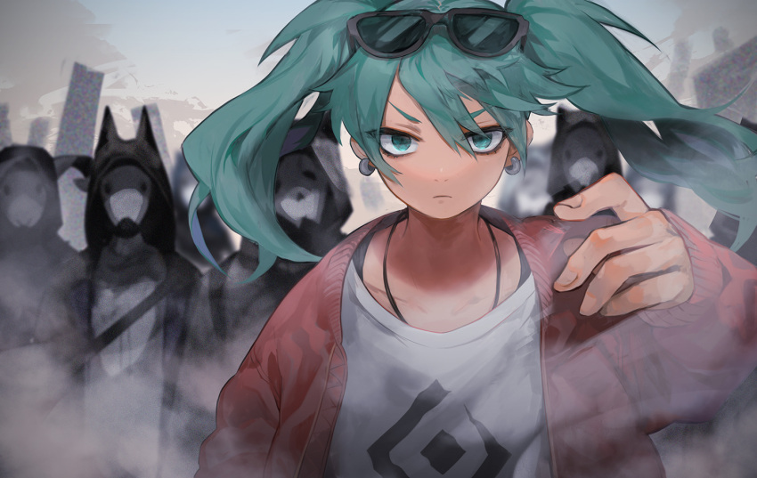 1girl, alternate_costume, aqua_eyes, aqua_hair, bomber_jacket, earrings, eyewear_on_head, green_eyes