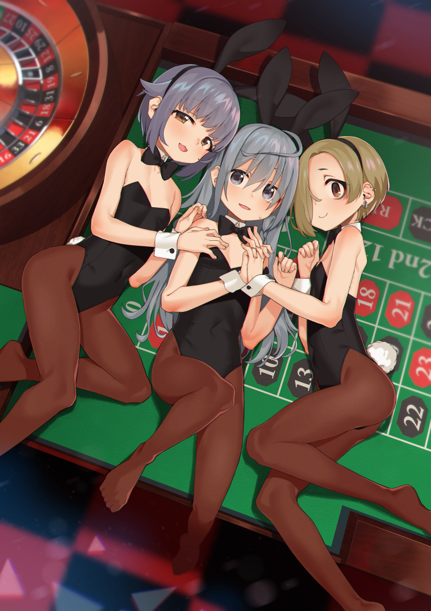 3girls, :d, absurdres, animal_ears, ass, bags_under_eyes, bare_arms, bare_shoulders