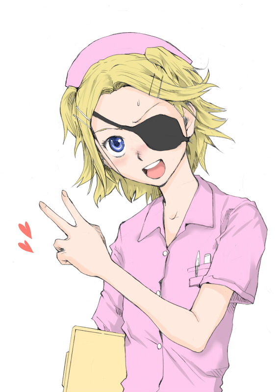 blonde_hair, blue_eyes, eyepatch, katharina_herzog, necromanesque, tamaoki_benkyou, v