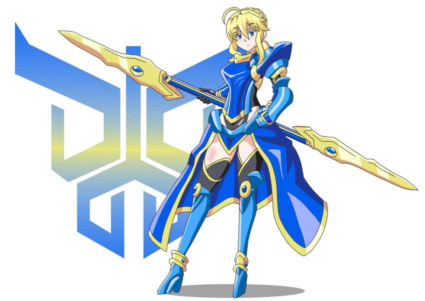 1girl, adapted_costume, ahoge, armor, armored_dress, artoria_pendragon_(all), artoria_pendragon_(lancer), blonde_hair, blue_eyes, braid, breasts, buti-yu, closed_mouth, crossover, fate/grand_order, fate_(series), gauntlets, hair_bun, highres, holding, holding_weapon, kamen_rider, kamen_rider_kuuga, kamen_rider_kuuga_(series), rider-tan, sidelocks, solo, sword, weapon
