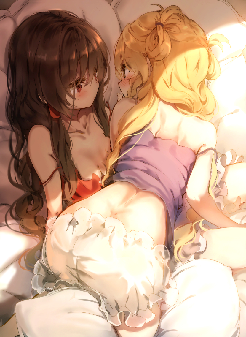 2girls, all_fours, alternate_hairstyle, arm_support, ass, bangs, bare_arms, bare_shoulders