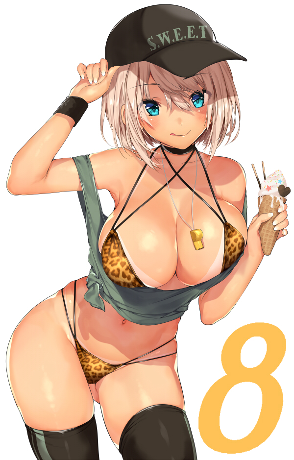1girl, 8, blue_eyes, breasts, cleavage, closed_mouth, collarbone, commentary_request, eyebrows_visible_through_hair, hair_between_eyes, hand_on_headwear, hat, looking_at_viewer, matarou_(genkai_toppa), navel, number, original, solo, white_background, wristband