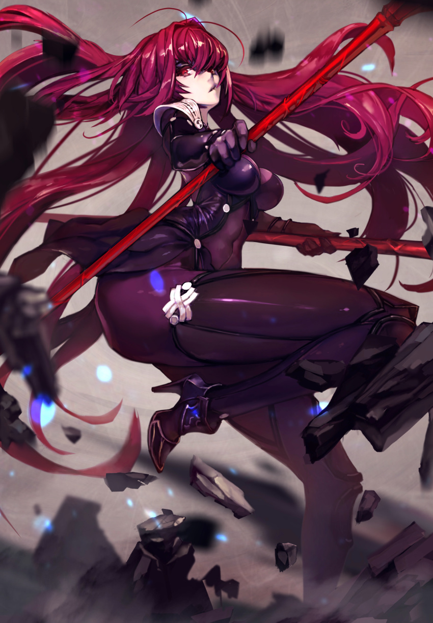 1girl, armored_boots, bodysuit, boots, breasts, covered_navel, dual_wielding, duto