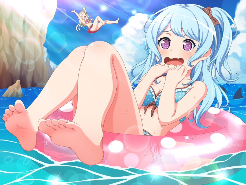 2girls, bang_dream!, bangs, barefoot, beach, blue_hair, blush, commentary_request