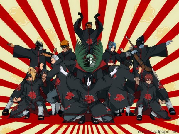 10boys, 6+boys, akatsuki_(naruto), black_hair, blonde_hair, blue_hair, blue_skin, cloak