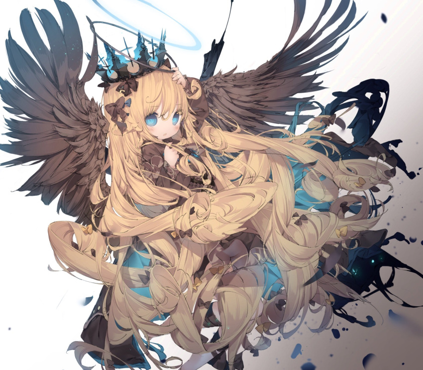 1girl, bangs, blonde_hair, blue_bow, blue_eyes, blush, bow, brown_bow