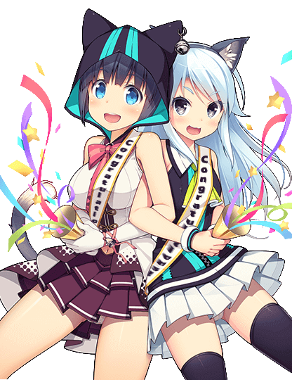 2girls, bell, confetti, daibouken!_yukeyuke_osawari_island, dress, eyebrows_visible_through_hair, grey_eyes, hood, hoodie, ichigo_(daibouken!_yukeyuke_osawari_island), light_blue_hair, microphone, midriff_peek, miniskirt, multiple_girls, nigo_(daibouken!_yukeyuke_osawari_island), nontan, open_mouth, panties, panty_peek, party_popper, skirt, tagme, thigh-highs, underwear