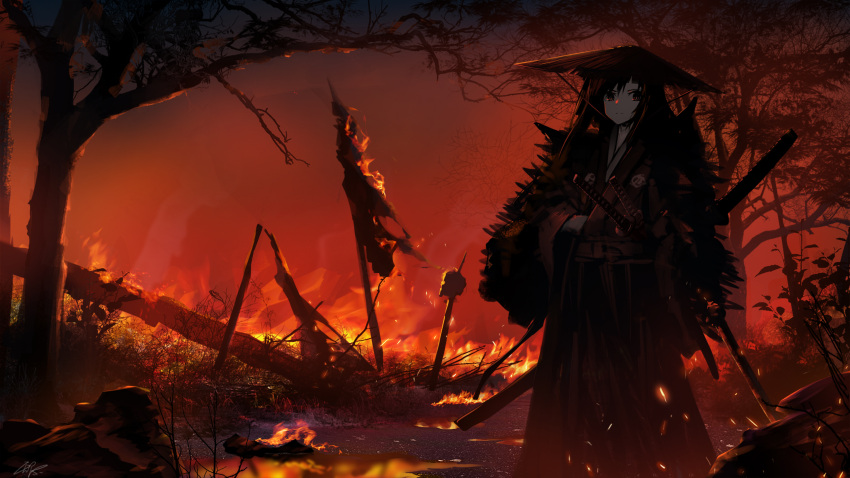 1girl, bangs, bare_tree, black_hakama, black_kimono, brown_eyes, brown_hair, burning