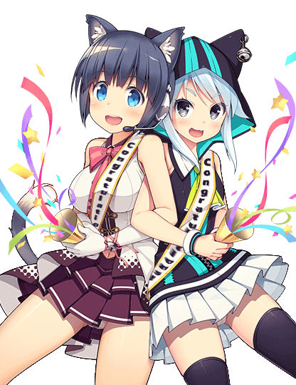 2girls, bell, confetti, daibouken!_yukeyuke_osawari_island, dress, eyebrows_visible_through_hair, grey_eyes, hood