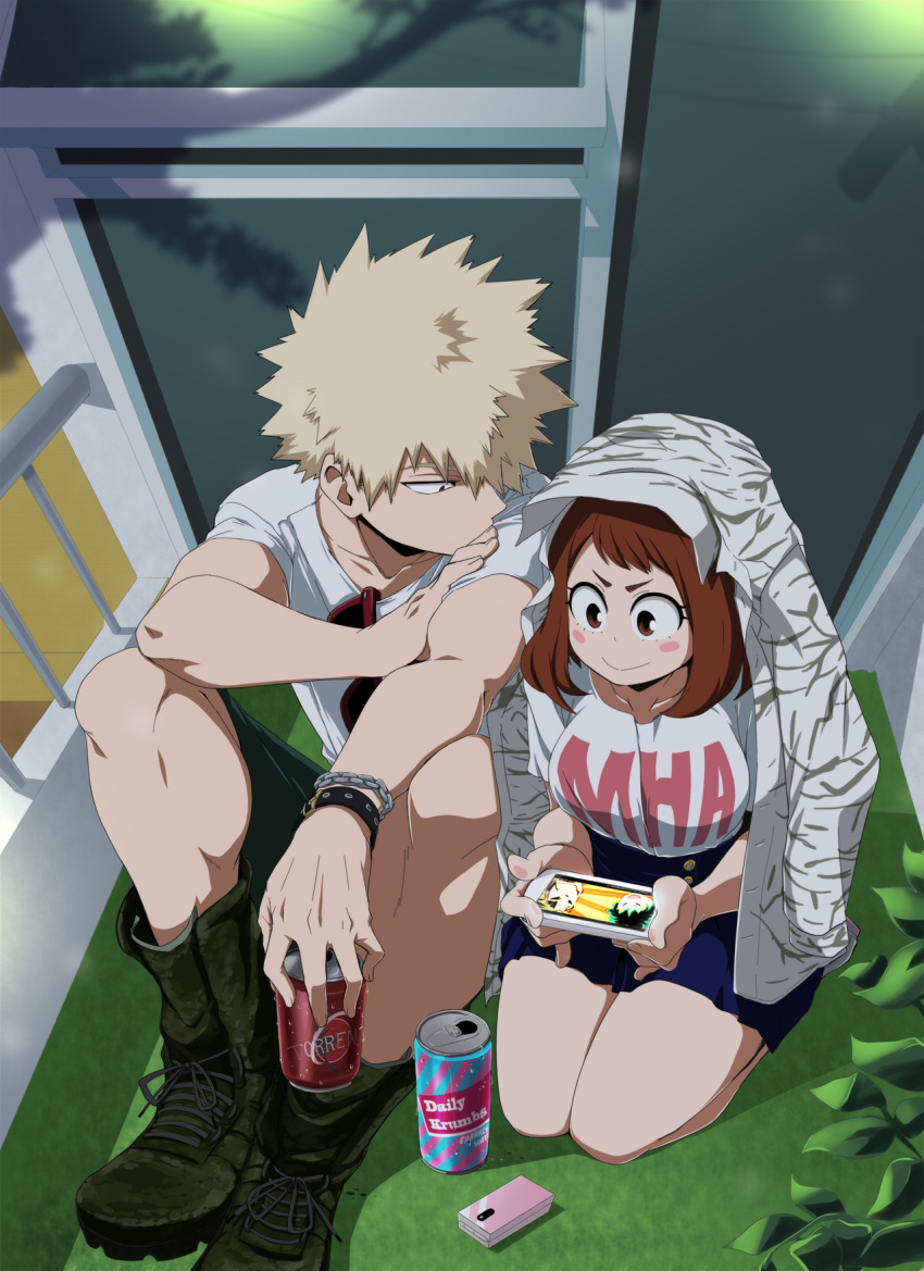 1boy, 1girl, alternate_costume, artist_name, bakugou_katsuki, balcony, blush_stickers, boku_no_hero_academia