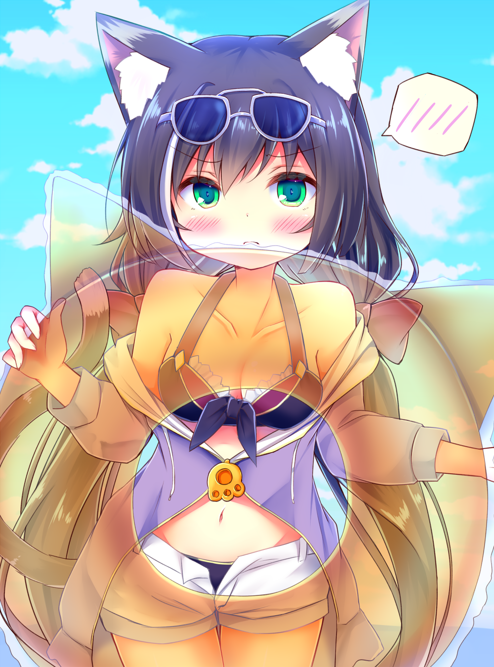 1girl, animal_ears, bangs, bikini, blue_sky, blush, breasts, brown_hair