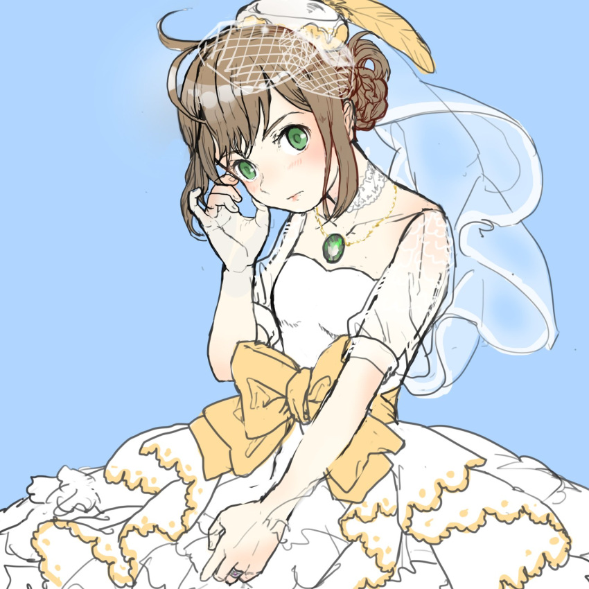 1girl, bare_shoulders, bridal_veil, bride, brown_hair, dress, elbow_gloves, flower