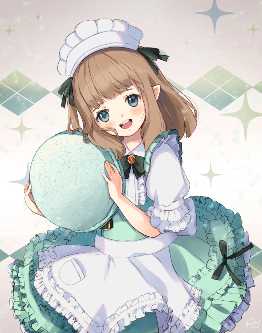 1girl, apron, blush, brown_hair, dress, eyebrows_visible_through_hair, final_fantasy, final_fantasy_xiv, food, frilled_dress, frills, green_dress, green_eyes, highres, lalafell, long_hair, looking_at_viewer, macaron, maid_apron, maid_headdress, open_mouth, peachy_michi, pointy_ears, ribbon, sitting, solo