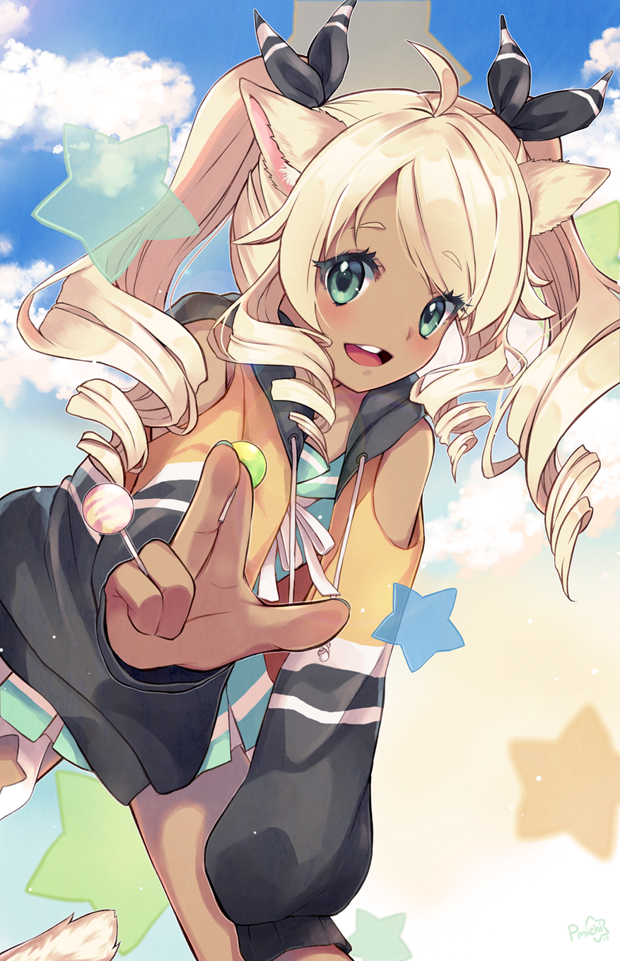 1girl, ahoge, animal_ears, blonde_hair, blue_sky, blush, candy, cat_ears