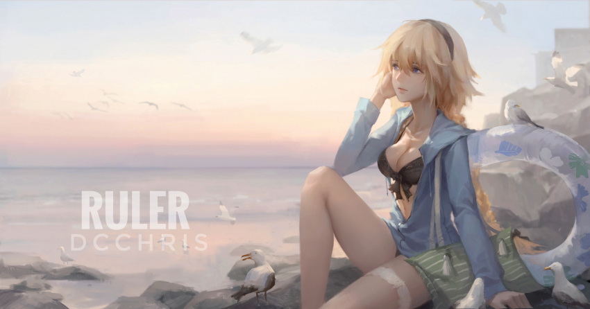 1girl, absurdres, artist_name, beach, bikini, bird, black_bikini, black_hairband