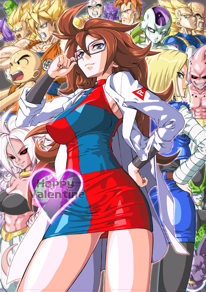 3girls, 6+boys, 90s, absurdres, adam's_apple, adjusting_eyewear, android, android_16, android_18, android_21, anger_vein, antennae, armpits, ass_visible_through_thighs, back-to-back, bald, bandeau, bare_legs, big_hair, black_bandeau, black_bikini_top, black_eyes, black_sclera, blonde_hair, blue_eyes, blue_skirt, blue_vest, breasts, brown_belt, brown_hair, character_request, cleavage, clenched_teeth, closed_mouth, commentary_request, contrapposto, covered_collarbone, covered_nipples, cropped_vest, dragon_ball, dragon_ball_fighterz, dress, everyone, evil_grin, evil_smile, eyes_visible_through_hair, fangs, forehead, frieza, frown, glasses, gold_trim, green_eyes, green_skin, grey-framed_eyewear, grey_eyes, grin, hand_on_hip, hand_up, happy_valentine, harem_pants, heart, highres, juubaori_mashumaro, labcoat, large_breasts, legs, long_hair, long_sleeves, looking_at_viewer, looking_back, majin_android_21, miniskirt, multicolored, multicolored_clothes, multicolored_dress, multiple_boys, multiple_girls, muscle, muscular_female, narrow_waist, no_eyebrows, no_nose, no_sclera, open_mouth, orange_hair, pants, pencil_skirt, piccolo, pink_skin, pointy_ears, purple_skin, red_eyes, sanpaku, serious, shirtless, short_dress, short_hair, skin_tight, skirt, sleeves_rolled_up, smile, son_goku, spiky_hair, standing, strapless, tail, taut_clothes, taut_dress, teeth, thick_eyebrows, third_eye, torn_clothes, torn_sleeves, v-shaped_eyebrows, valentine, vegeta, very_long_hair, vest, white_skin