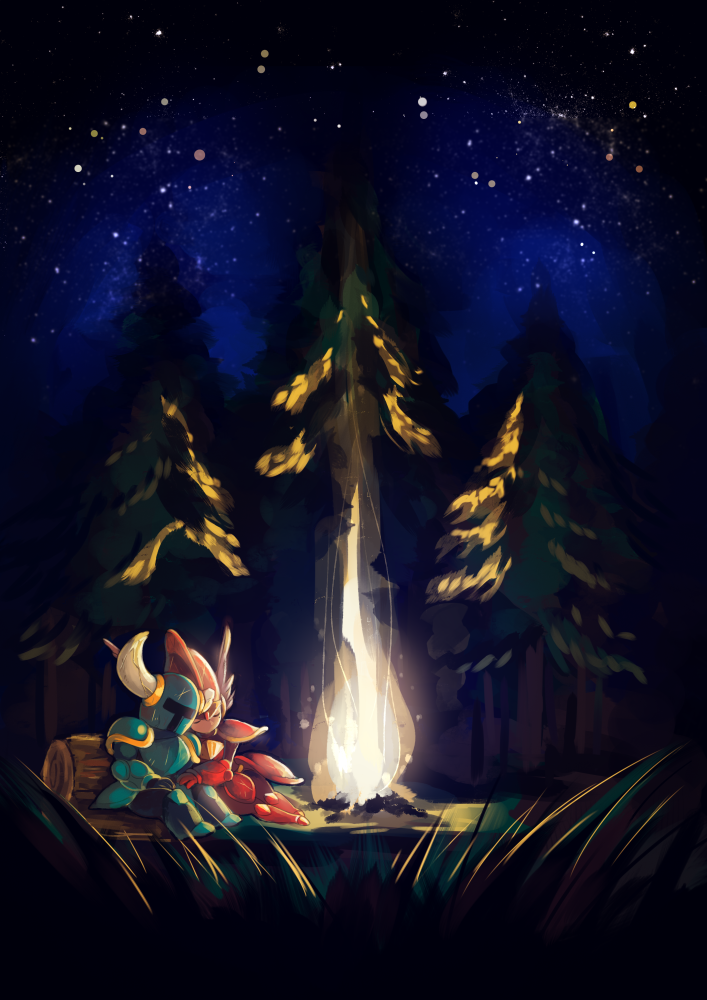 1boy, 1girl, armor, blue_armor, broken_armor, campfire, closed_eyes, dirty