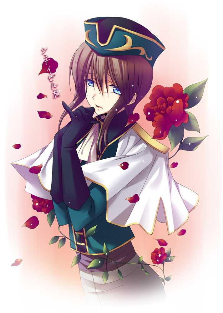 blue_eyes, brown_hair, code_geass, fabulous, flower, gloves, hands_clasped, hat