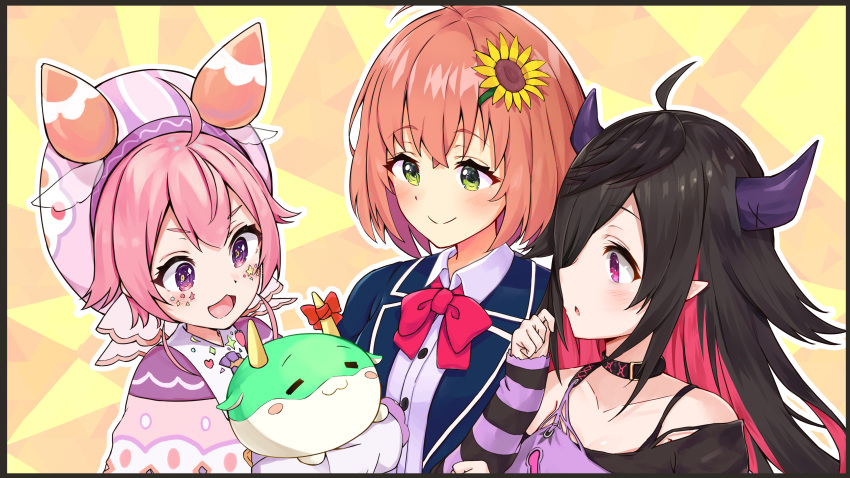 1girl, 3girls, :3, :d, absurdres, ahoge, bangs, bare_shoulders