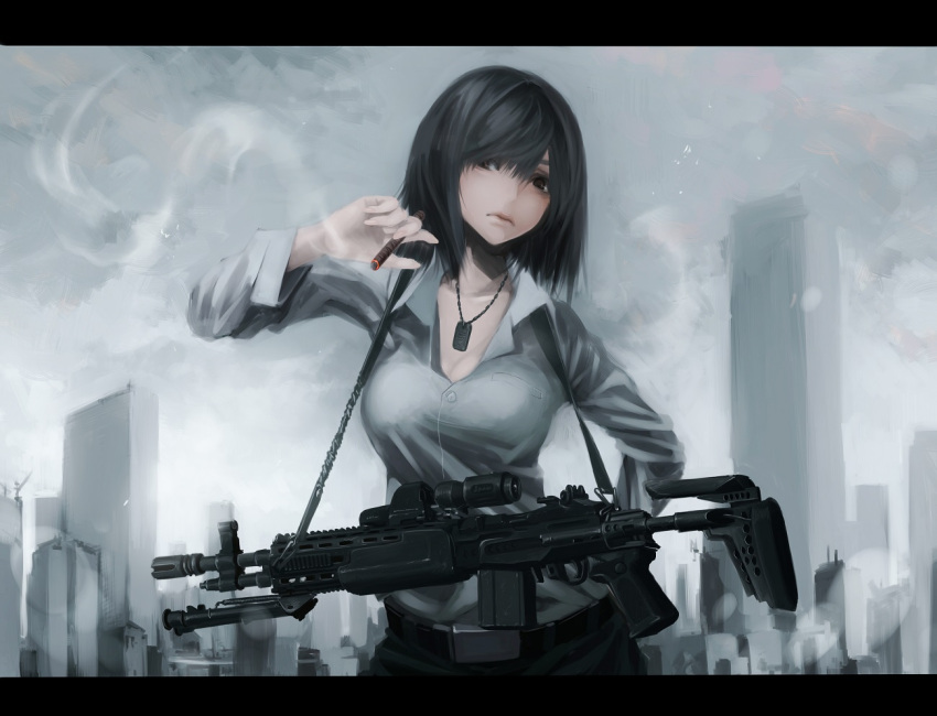 1girl, battle_rifle, belt, black_hair, breasts, building, cigar, city, cleavage, dog_tags, gun, holding, koh_(minagi_kou), letterboxed, lips, looking_at_viewer, m14, medium_breasts, mk_14_ebr, original, revision, rifle, shirt, skyscraper, sling, smoke, solo, taut_clothes, taut_shirt, weapon, white_shirt