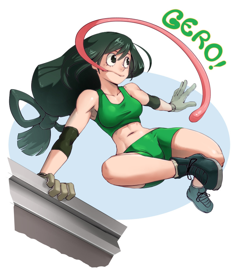 1girl, asui_tsuyu, bike_shorts, black_eyes, black_hair, boku_no_hero_academia, breasts, brown_gloves, commentary, elbow_pads, english_commentary, frog_girl, full_body, gloves, hair_rings, jumping, long_hair, long_tongue, low-tied_long_hair, medium_breasts, parkour, shoes, sneakers, solo, sports_bra, tongue, tongue_out, very_long_hair, very_long_tongue, whistle_frog