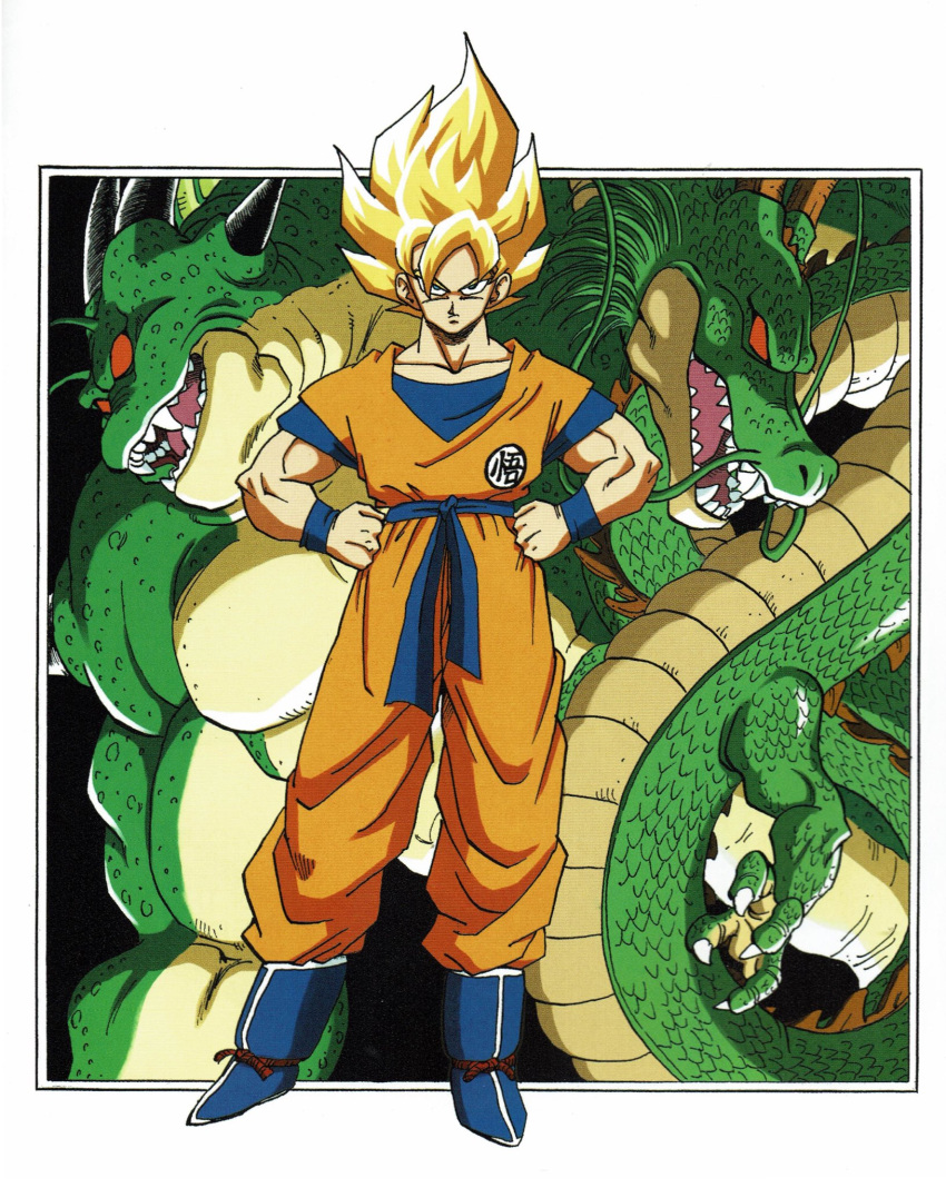 1boy, blonde_hair, boots, clenched_hands, clothes_writing, dougi, dragon, dragon_ball