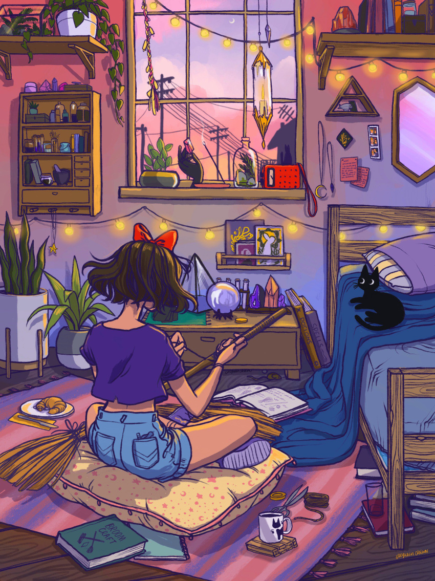 1girl, absurdres, ass, bed, bedroom, blue_shirt, blue_shorts, book