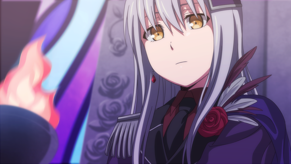 1girl, bang_dream!, bangs, earrings, feathers, fire, flower, grey_hair