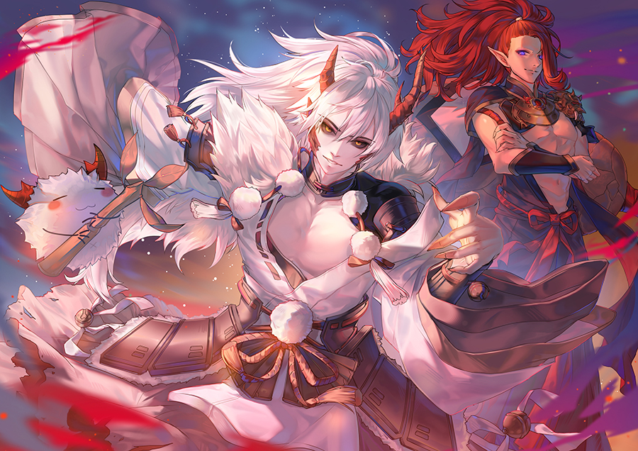 2boys, abs, black_sclera, blue_background, blue_eyes, crossed_arms, detach_sleeves, horns
