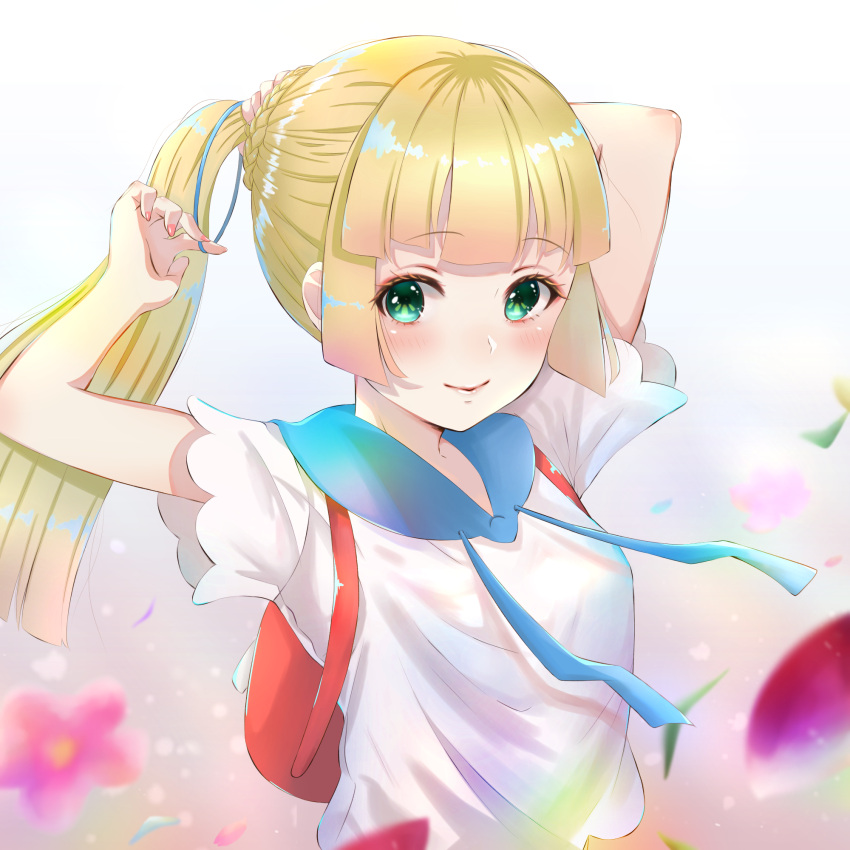 1girl, arms_up, backpack, bag, blonde_hair, closed_mouth, creatures_(company), flower, game_freak, green_eyes, highres, lillie_(pokemon), long_hair, nail_polish, nintendo, petals, pokemon, pokemon_(game), pokemon_sm, ponytail, shirt, short_sleeves, smile, solo, white_shirt, zuzy2525