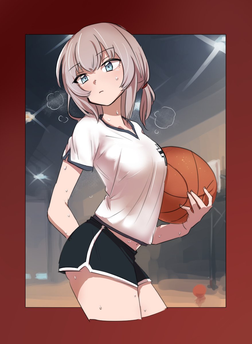 1girl, aaru_(kerogero1582), alternate_hairstyle, aomushi_(mushamusha), arm_behind_back, black_shorts, blue_eyes, breath