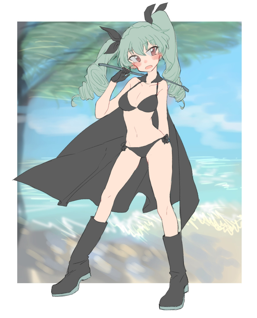 1girl, aaru_(kerogero1582), anchovy, arm_behind_back, bangs, beach, bikini, black_bikini