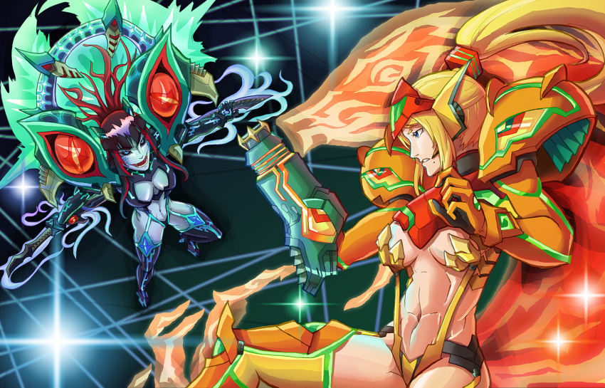 2girls, abs, adapted_costume, alternate_form, arm_cannon, black_hair, black_sclera, blonde_hair