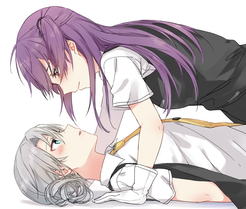 2girls, blue_eyes, blush, dress_shirt, eye_contact, girl_on_top, gloves, grey_hair