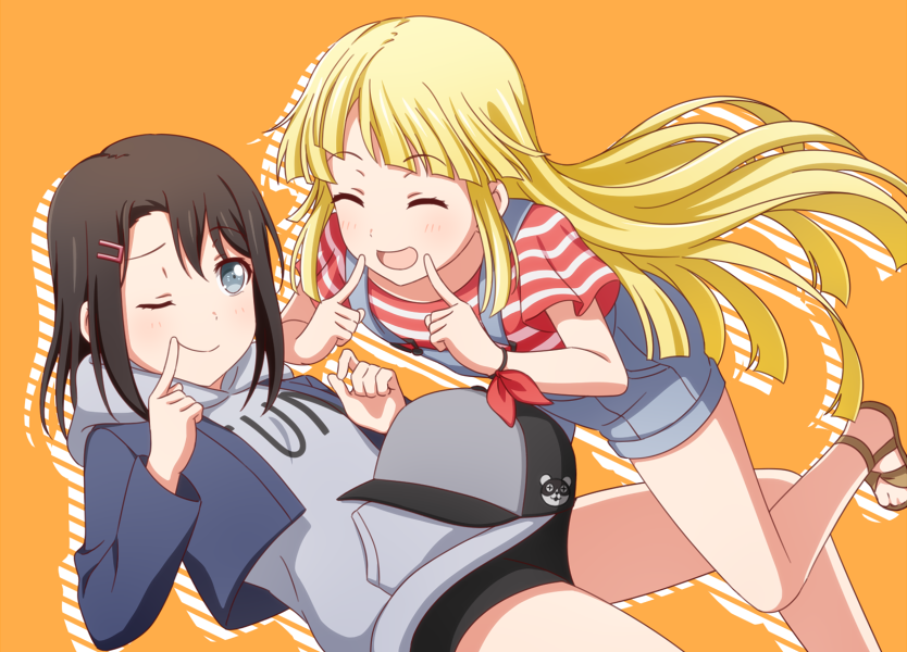 2girls, bang_dream!, bangs, baseball_cap, black_hair, black_shorts, blonde_hair, closed_eyes